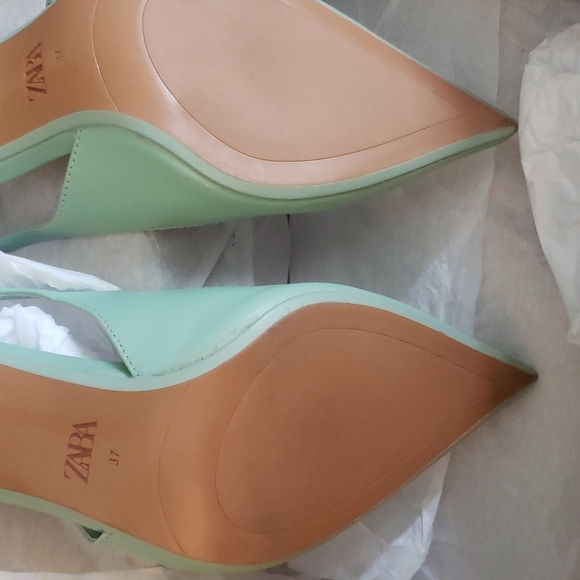 Zara SLINGBACK LEATHER HEELS GREEN Bloggers favorite - Picture 12 of 15